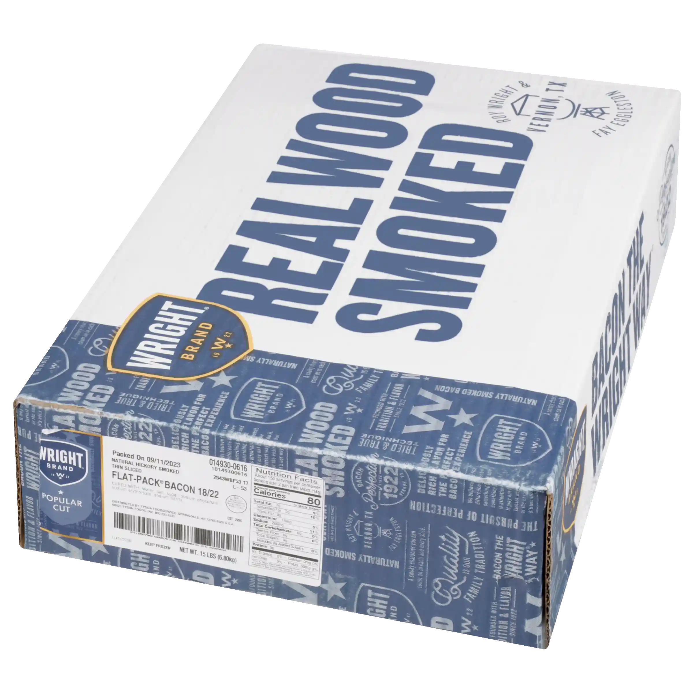 Wright® Brand Naturally Hickory Smoked Thin Sliced Flat-Pack® Bacon, 15 Lbs, 18-22 Slices per Pound, Frozen_image_5