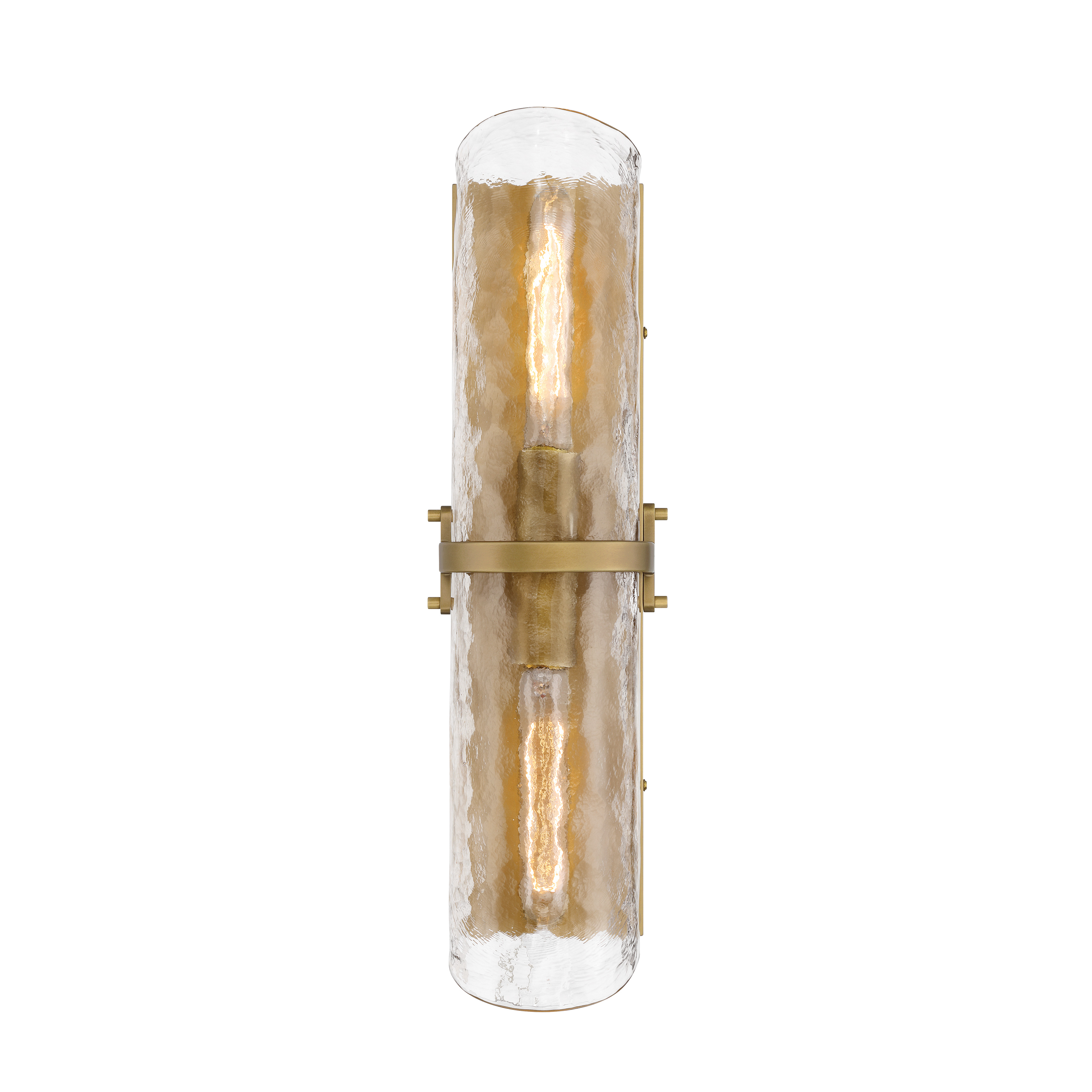 The Elora 2-light vanity combines artisanal clear textured glass with a sophisticated Legacy Brass finish, creating a refined focal point for modern bathrooms. Its compact 6-inch width makes it ideal for smaller spaces. - alternate view