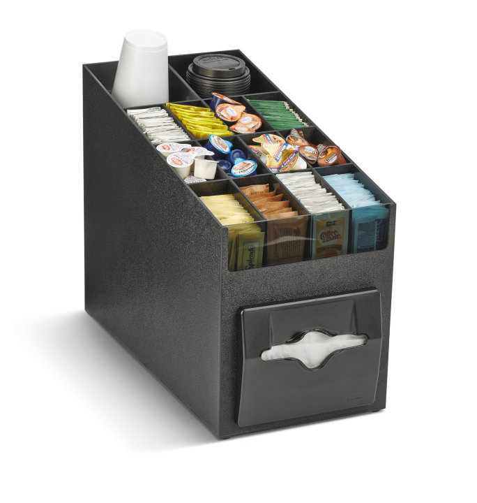 Countertop napkin dispenser with 14-compartment cup, lid and condiment organizer