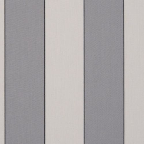 Vertical fabric-panel blinds, closed, featuring wide alternating gray and off-white stripes with thin dark seams; covering a window or wall, presenting flat, evenly diffused indoor lighting and minimalist appearance.