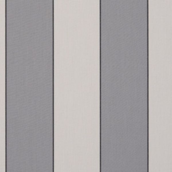 Vertical fabric-panel blinds, closed, featuring wide alternating gray and off-white stripes with thin dark seams; covering a window or wall, presenting flat, evenly diffused indoor lighting and minimalist appearance.