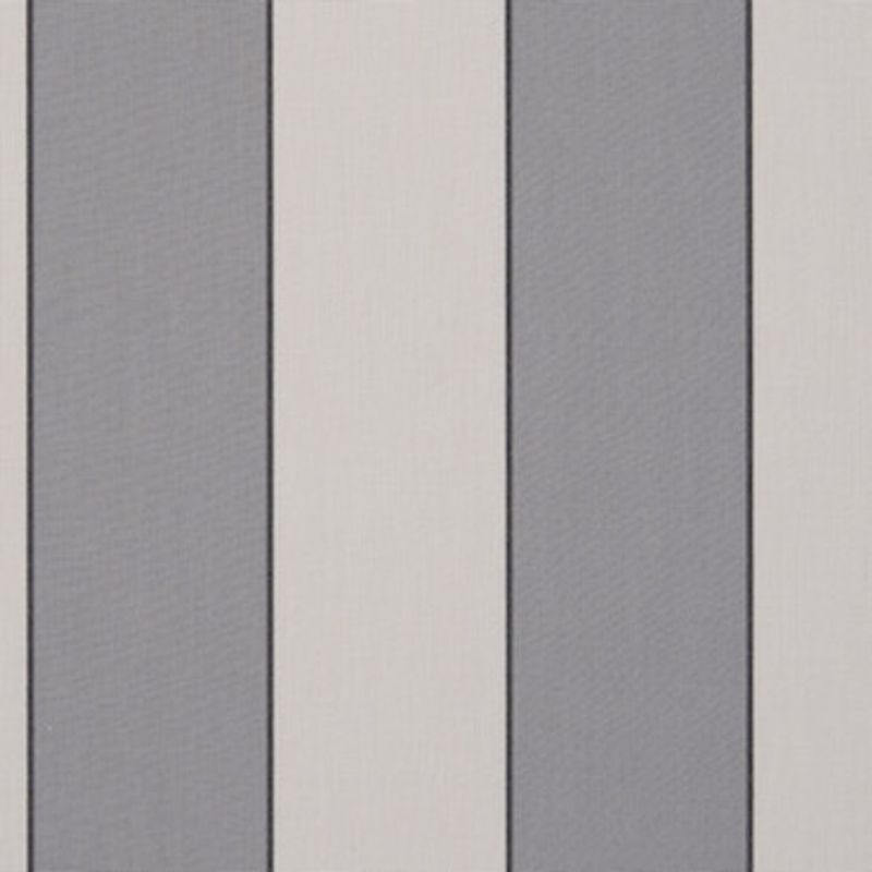 Vertical fabric-panel blinds, closed, featuring wide alternating gray and off-white stripes with thin dark seams; covering a window or wall, presenting flat, evenly diffused indoor lighting and minimalist appearance.