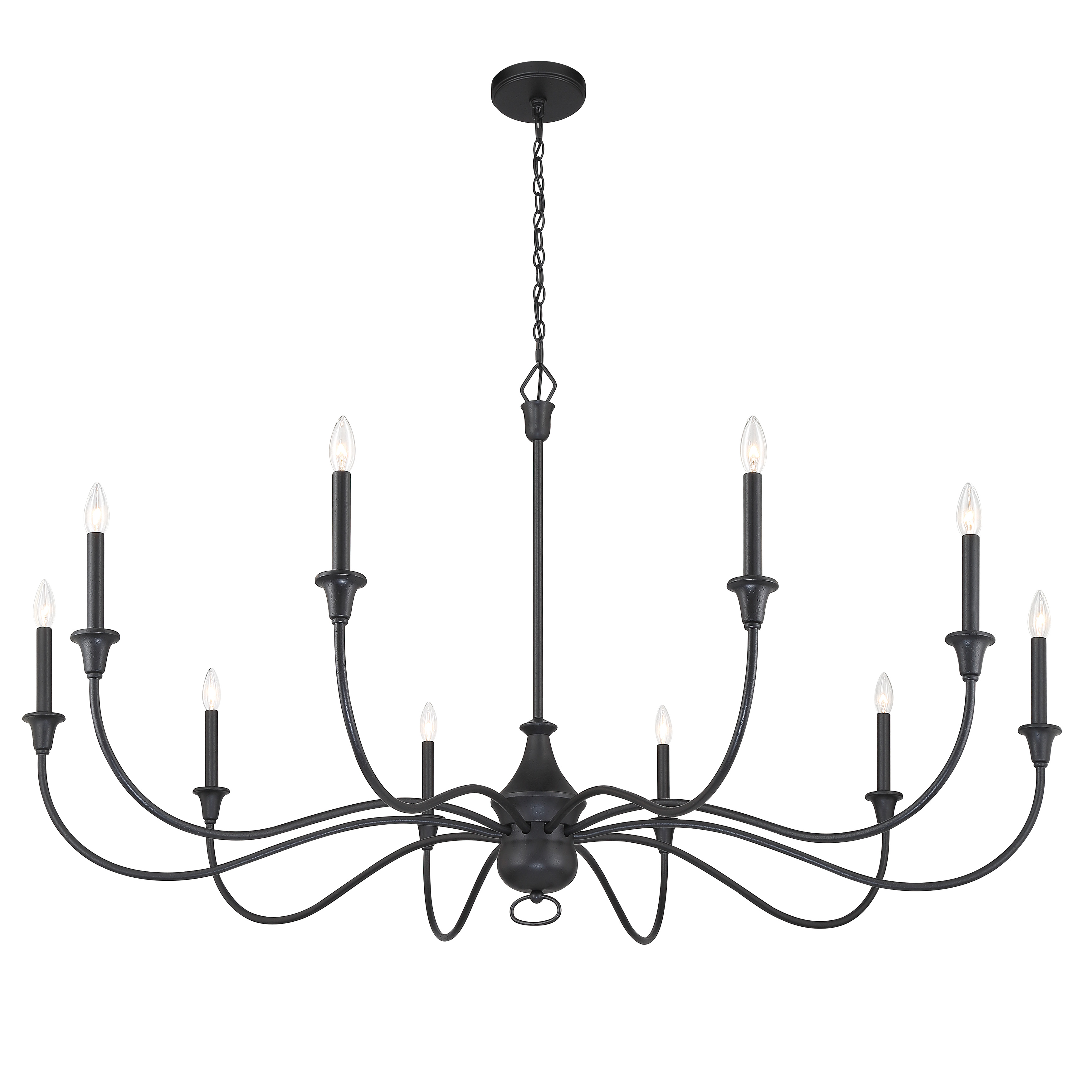 The Halifax County chandelier makes a dramatic statement with its 58-inch width and 10 candelabra lights. The textured coal black finish adds rustic sophistication to traditional design, perfect for large dining rooms and grand entryways. - alternate view