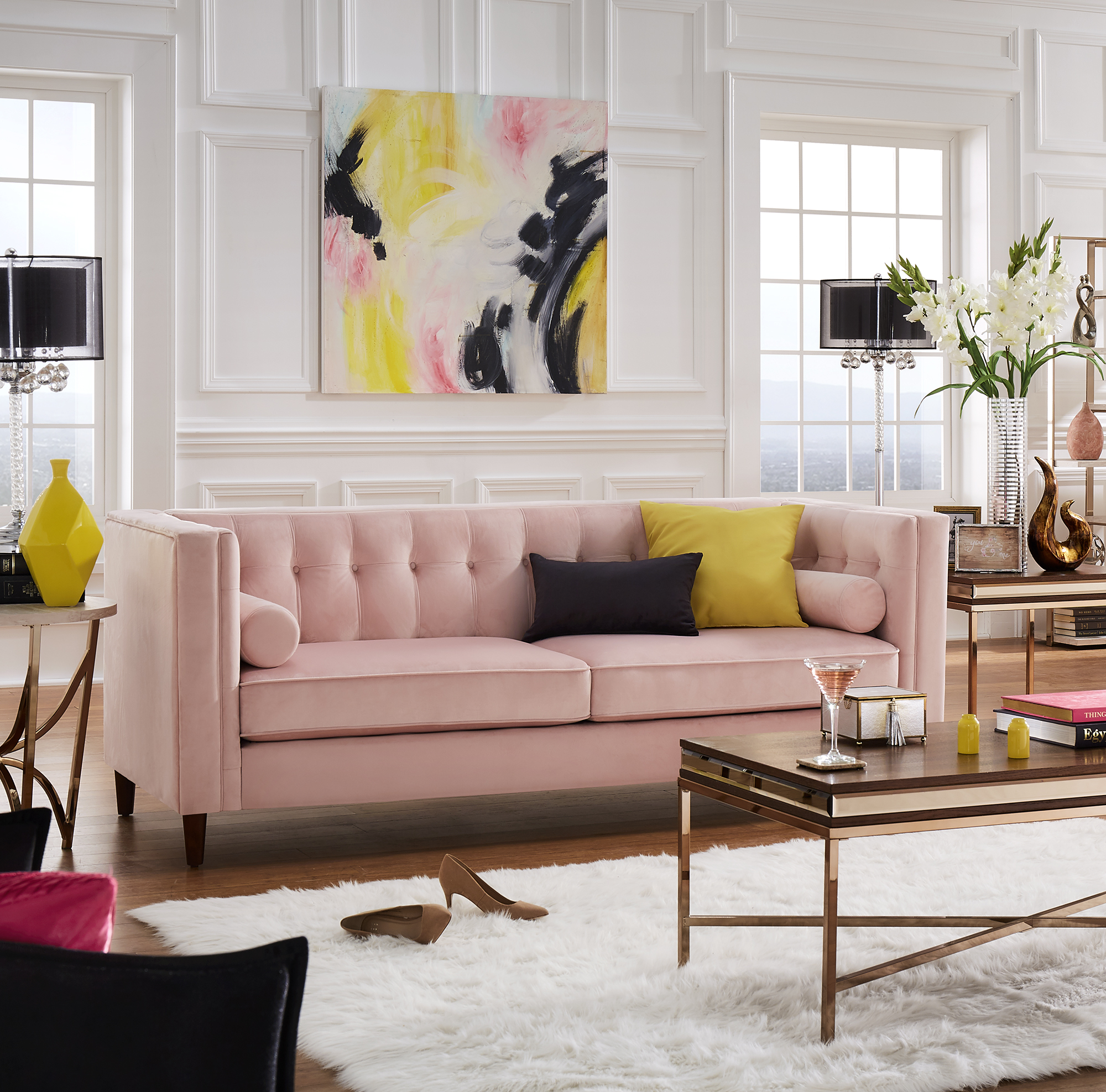 Pink Velvet Sofa with Accent Pillows