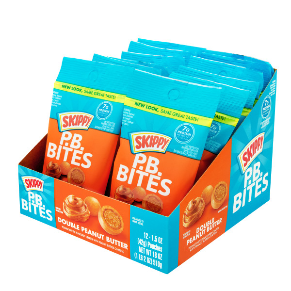 SKIPPY(r) P.B. Bites Double Peanut Butter, 1.5 oz. Pouch . C1RP - Front Right Pallet/Display (Hi Res)