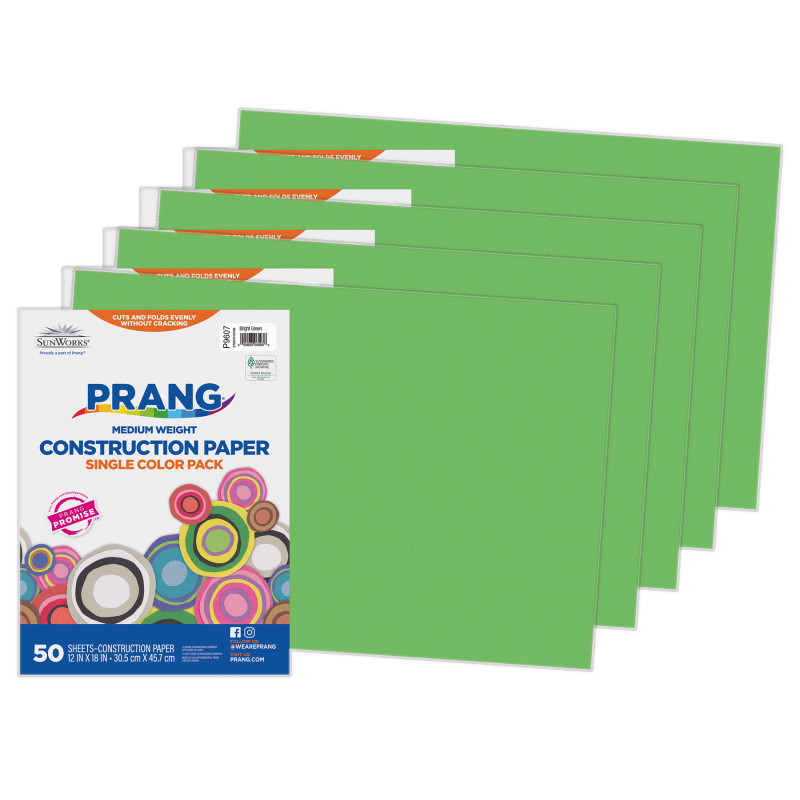 Construction Paper, Medium Weight, Bright Green, 12" x 18", 50 Sheets Per Pack, 5 Packs