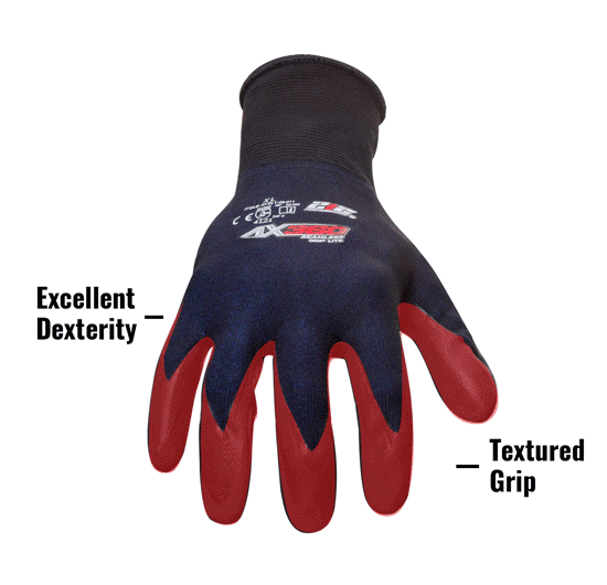 AX360 Grip Lite Nitrile-dipped Work Gloves in Black and Blue AXGLT-05 showing Excellent Dexterity and Textured Grip
