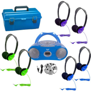 6-Station Listening Center with AudioAce&trade; Bluetooth&reg; Boombox, 6 Colorful SchoolMate Personal-Sized Headphones, Jackbox & Carry Case