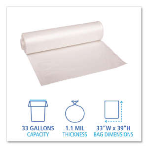 Boardwalk,  LLDPE Liner, 33 gal Capacity, 33 in Wide, 39 in High, 1.1 Mils Thick, Clear