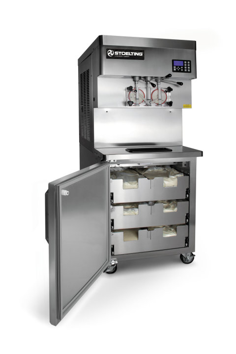 208- to 240-volt 1-phase water-cooled pressurized twin-twist soft serve and frozen yogurt freezer with 16-gallon refrigerated mix storage cabinet