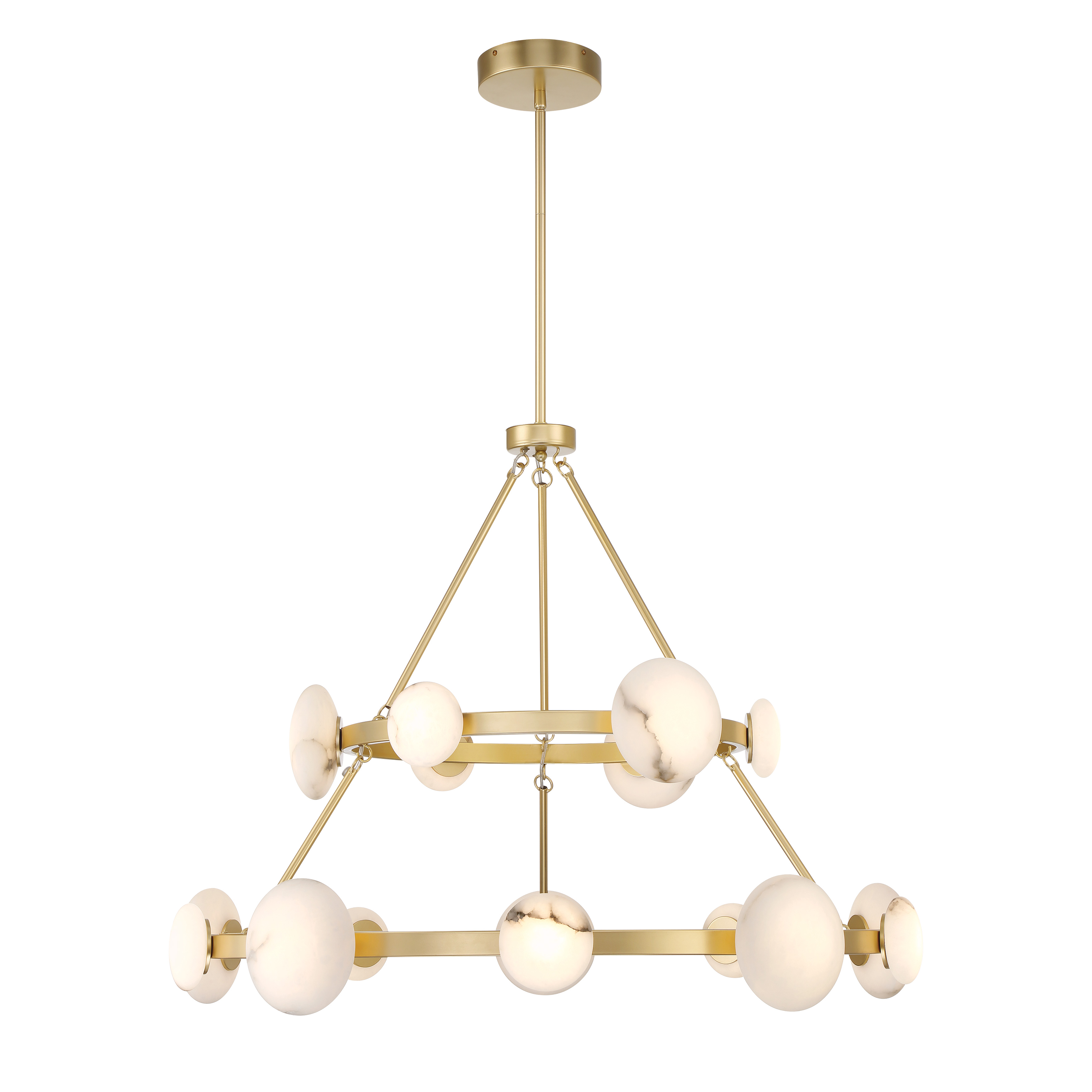 The Zill 16-light chandelier combines contemporary elegance with natural beauty through its lily gold finish and genuine alabaster shades. At over 42 inches wide, this substantial two-tier fixture delivers exceptional illumination with integrated LED technology and creates a sophisticated focal point in large spaces. - alternate view