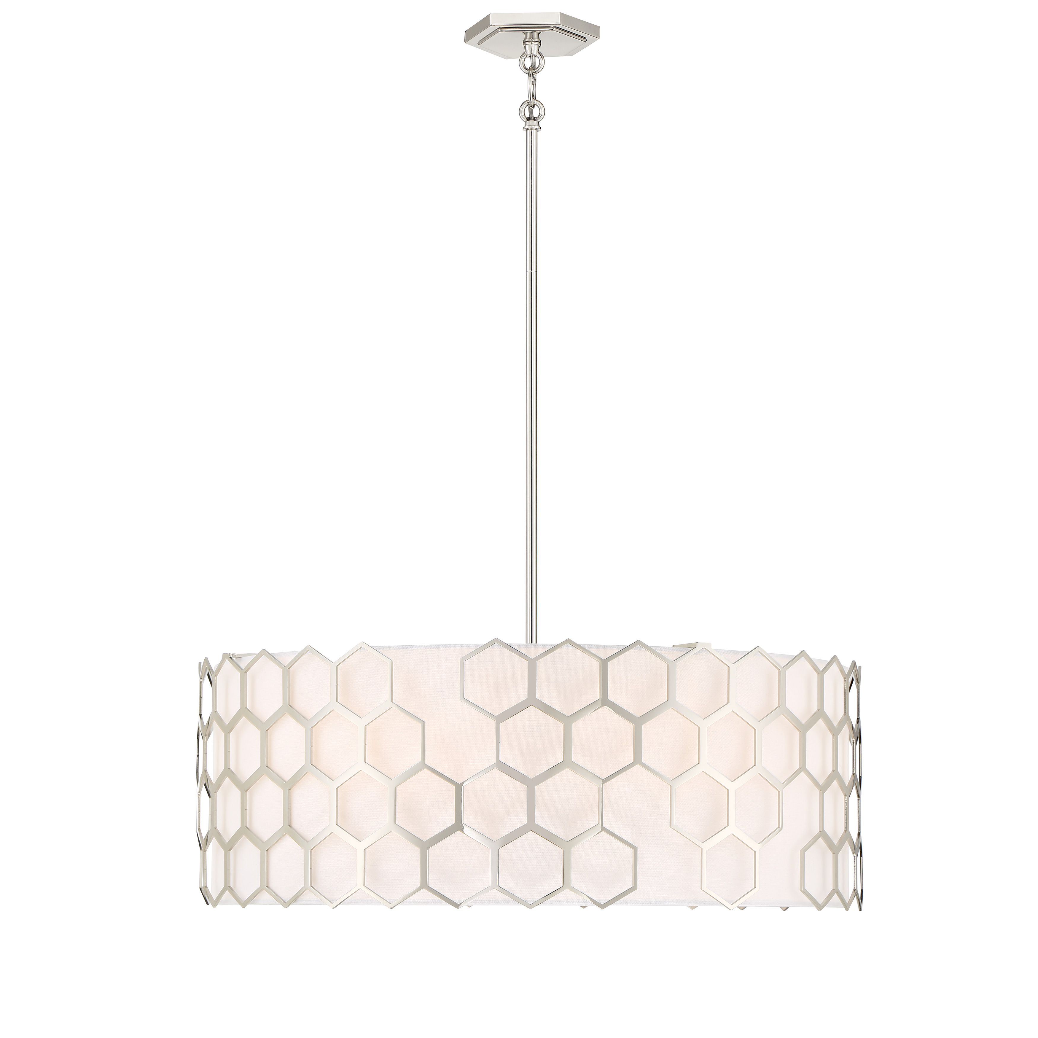 The Missing Link pendant combines contemporary sophistication with warm fabric softness. Six candelabra bulbs provide ample illumination through a white linen shade, while polished nickel finish adds refined elegance. - alternate view