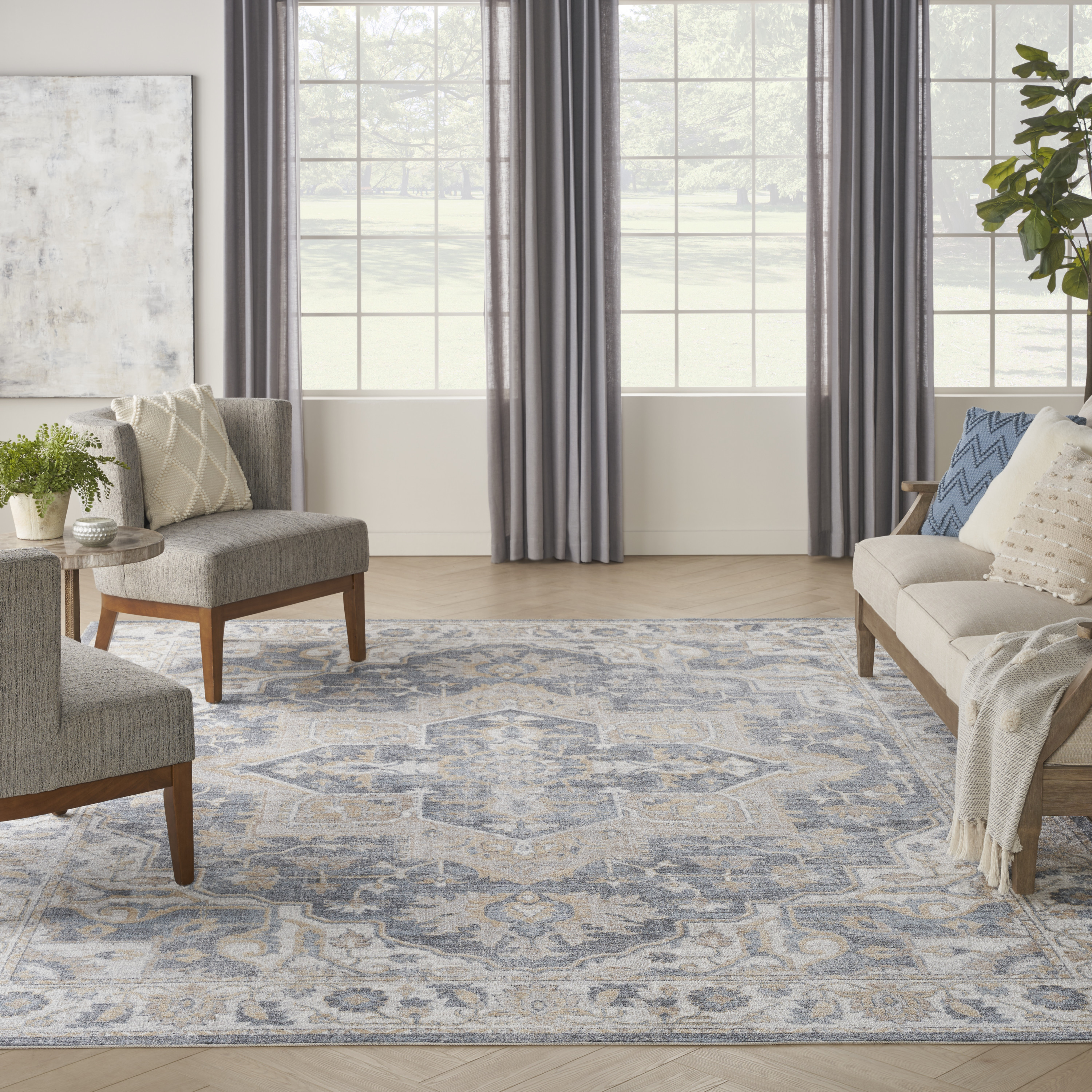 Nourison Astra Machine Washable 7' x 10' Grey Blue Vintage Indoor Rug