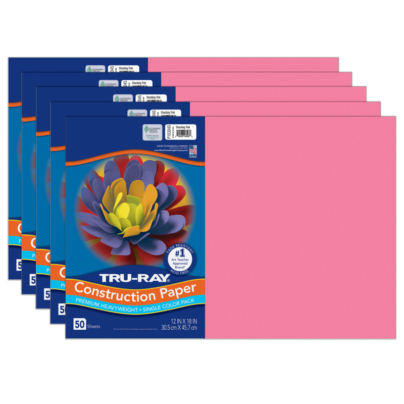 Construction Paper, Heavyweight, Shocking Pink, 12" x 18", 50 Sheets Per Pack, 5 Packs