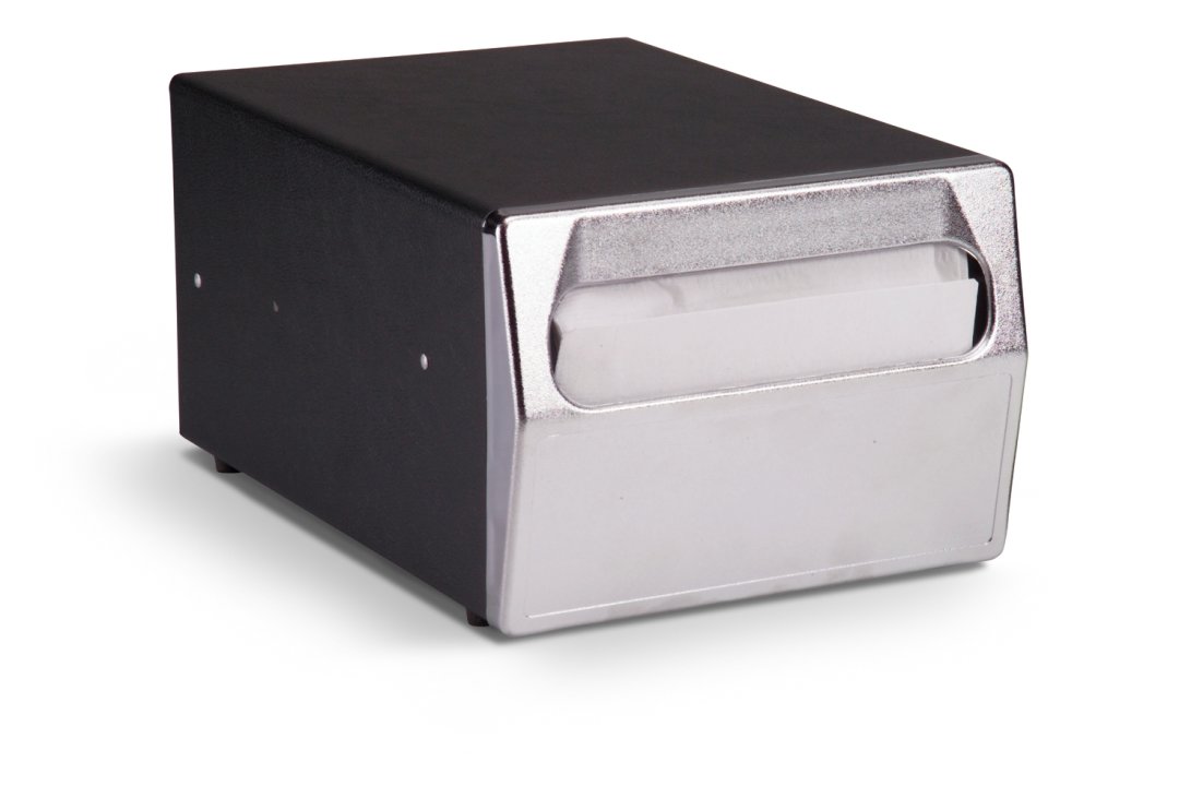 One-sided countertop napkin dispenser in black with chrome faceplate