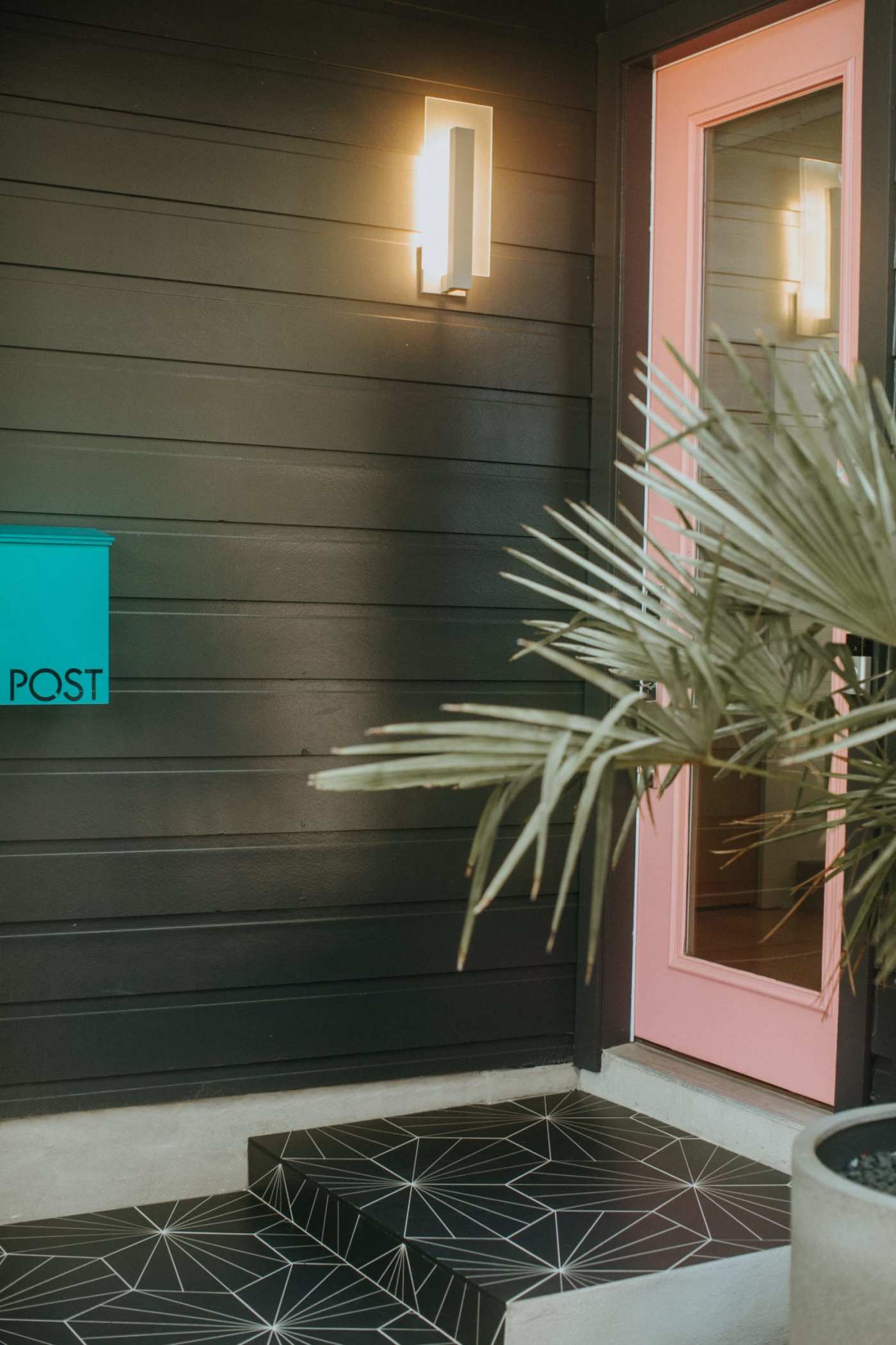 the front door of a home with a plant on it.