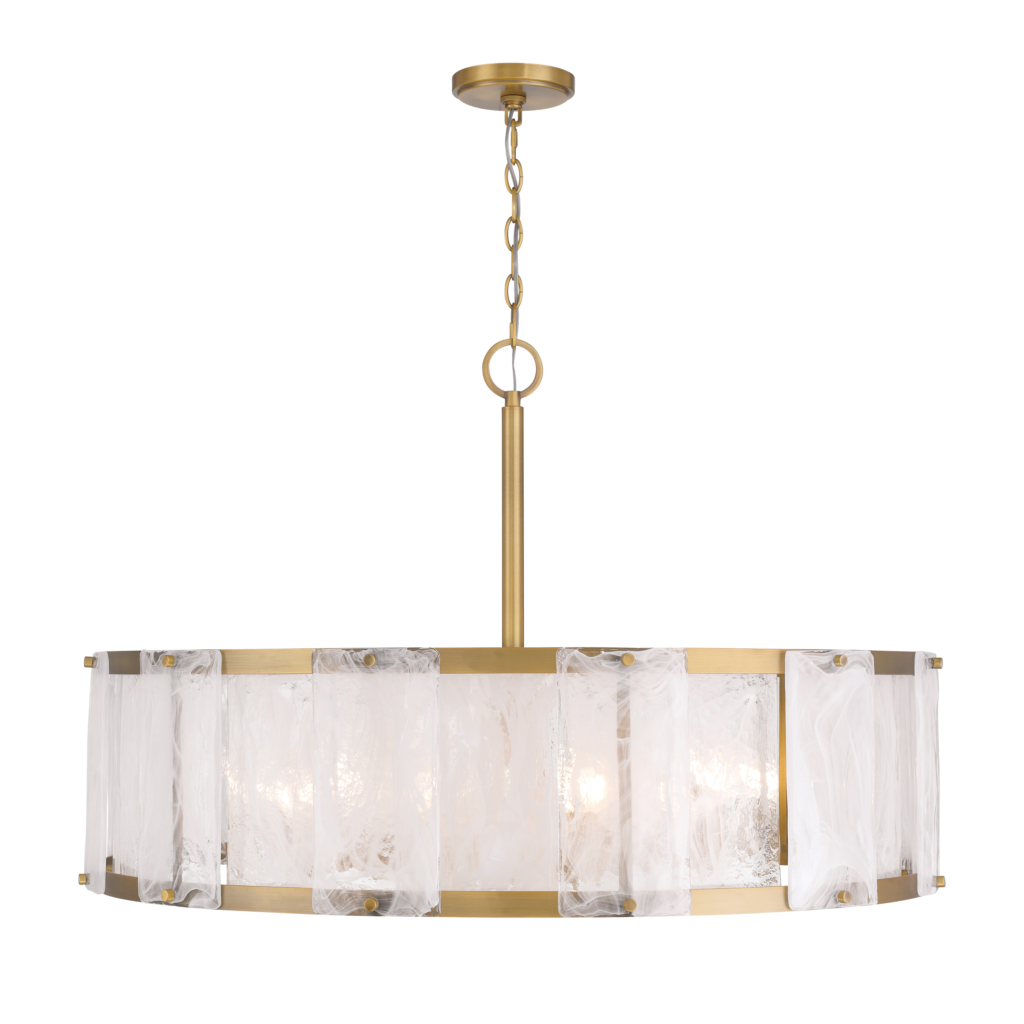 The Veil 36" pendant combines transitional elegance with substantial presence. Ten candelabra bulbs behind white swirl glass create soft, diffused illumination while the Legacy Brass finish adds warmth and sophistication to dining rooms and grand spaces. - alternate view