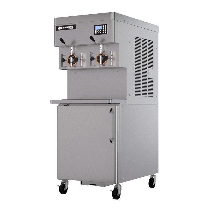 208- to 240-volt 1-phase air-cooled pressurized double-cylinder soft serve floor machine with 16-gallon refrigerated mix storage cabinet
