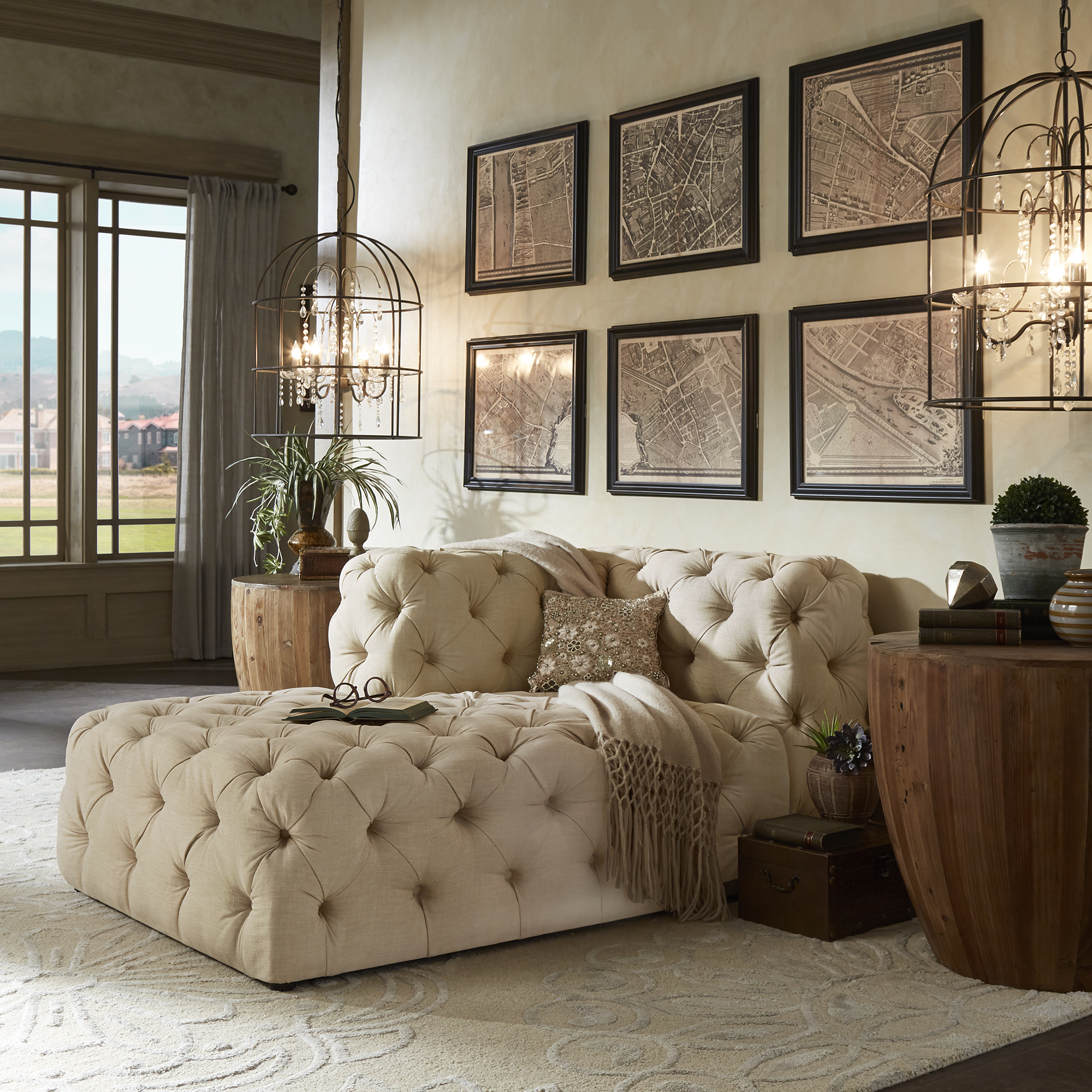 Beige Linen Tufted Chesterfield Sectional Chaise Lounge