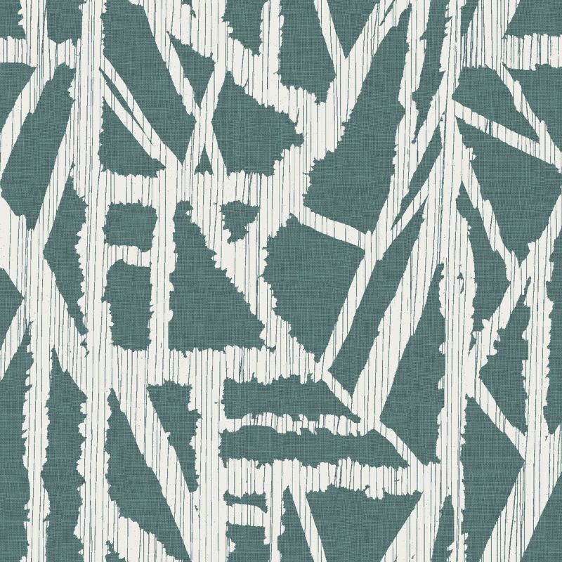 Teal wallpaper with jagged, white vertical-striped geometric shapes forms a repeating torn-edge pattern across the surface; close-up, evenly lit, textile-like texture visible.