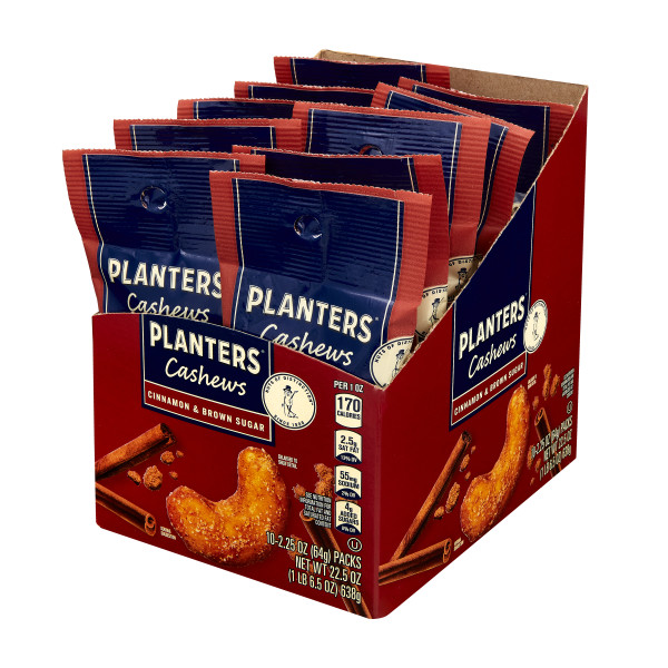 PLANTERS(r) Cashews Cinnamon Brown Sugar, 6-10/2.25oz . C1RP - Front Right Pallet/Display (Hi Res)