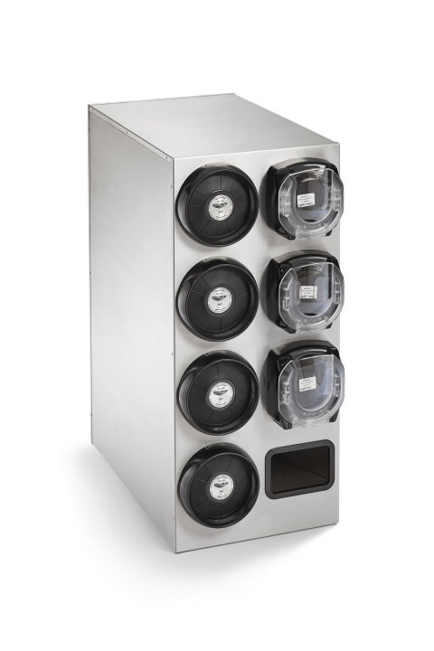 2-wide stainless steel dispenser cabinets with INC-80 Cup Dispenser and LidSaver® 3 Lid Dispenser options