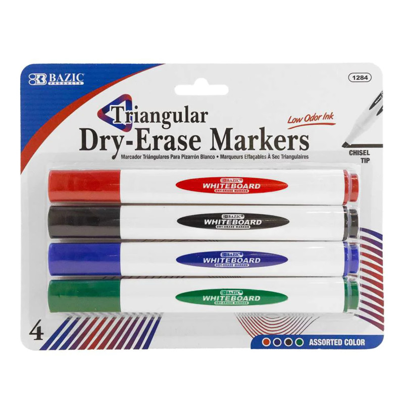 Triangle Dry-Erase Markers, Chisel Tip, Assorted Colors, Pack of 4