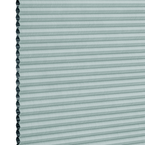 Light teal cellular (honeycomb) blind, fully lowered with visible hexagonal cells at left edge; horizontal pleats create uniform bands, blocking light in a close-up, evenly lit neutral background.