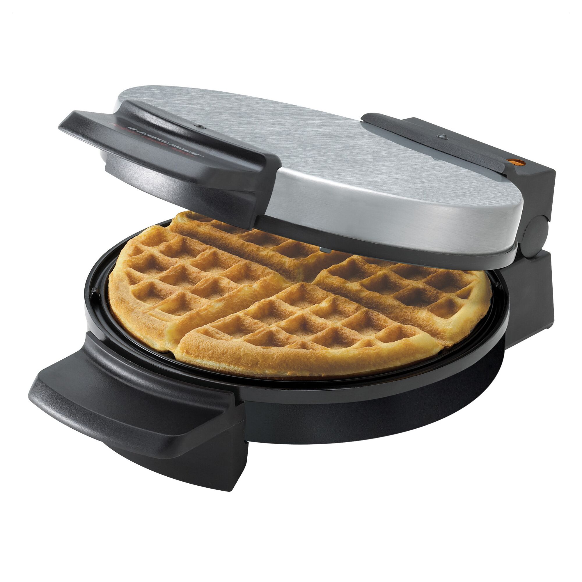 Belgian waffle maker with cooked waffle.