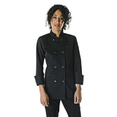 Women&#8216;s Long Sleeve Plastic Button Chef Coat-Chefwear