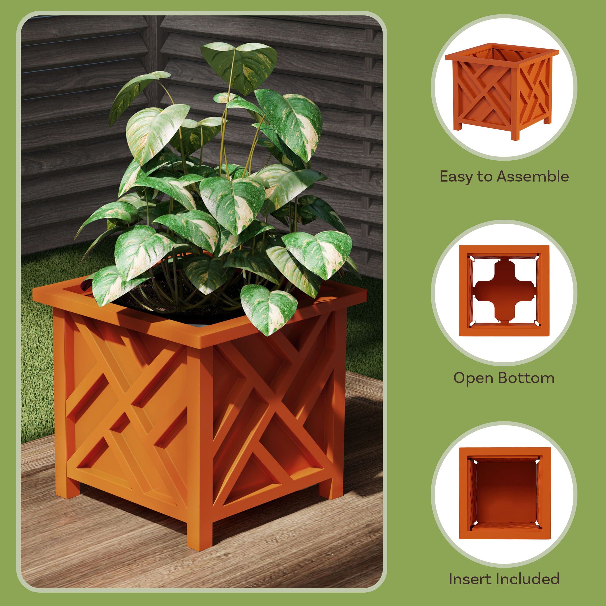 Square Lattice Garden Patio Planter Outdoor Flower Box Solid Bottom for Soil