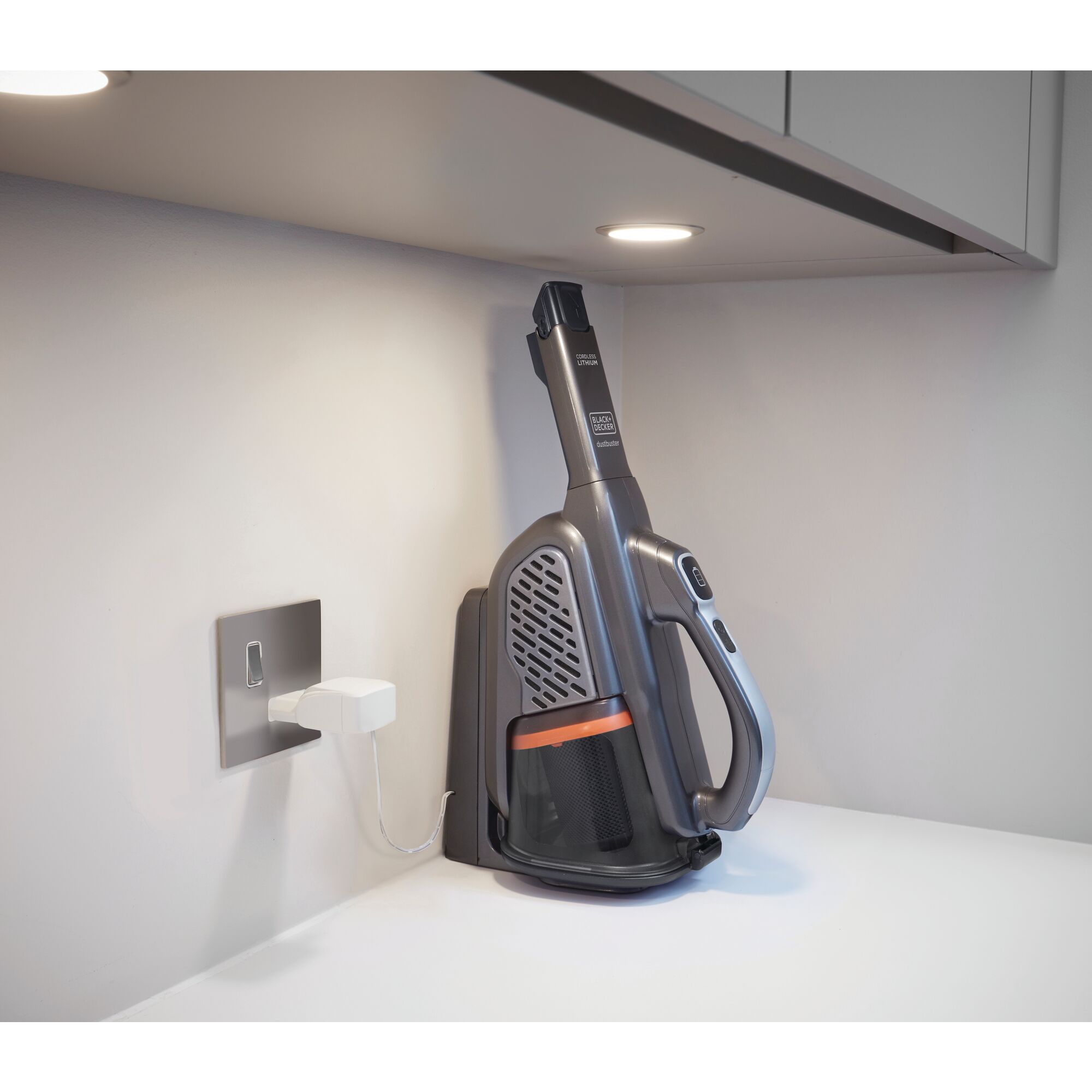 Wall mountable base charger feature of 16 volt MAX dustbuster Advanced Clean hand vacuum.