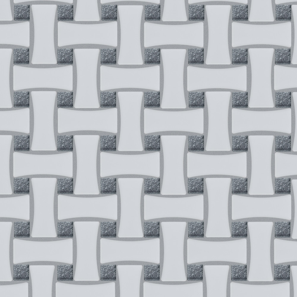Sample – Metro Dog Bone Basketweave Matte White w/Glass Silver Dot Porcelain Mosaic Tile