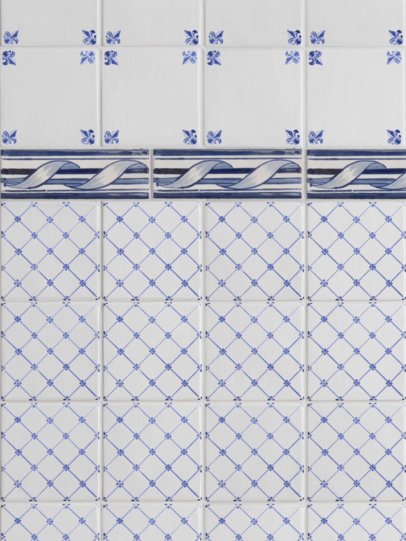blue and white tiles with various designs on them.