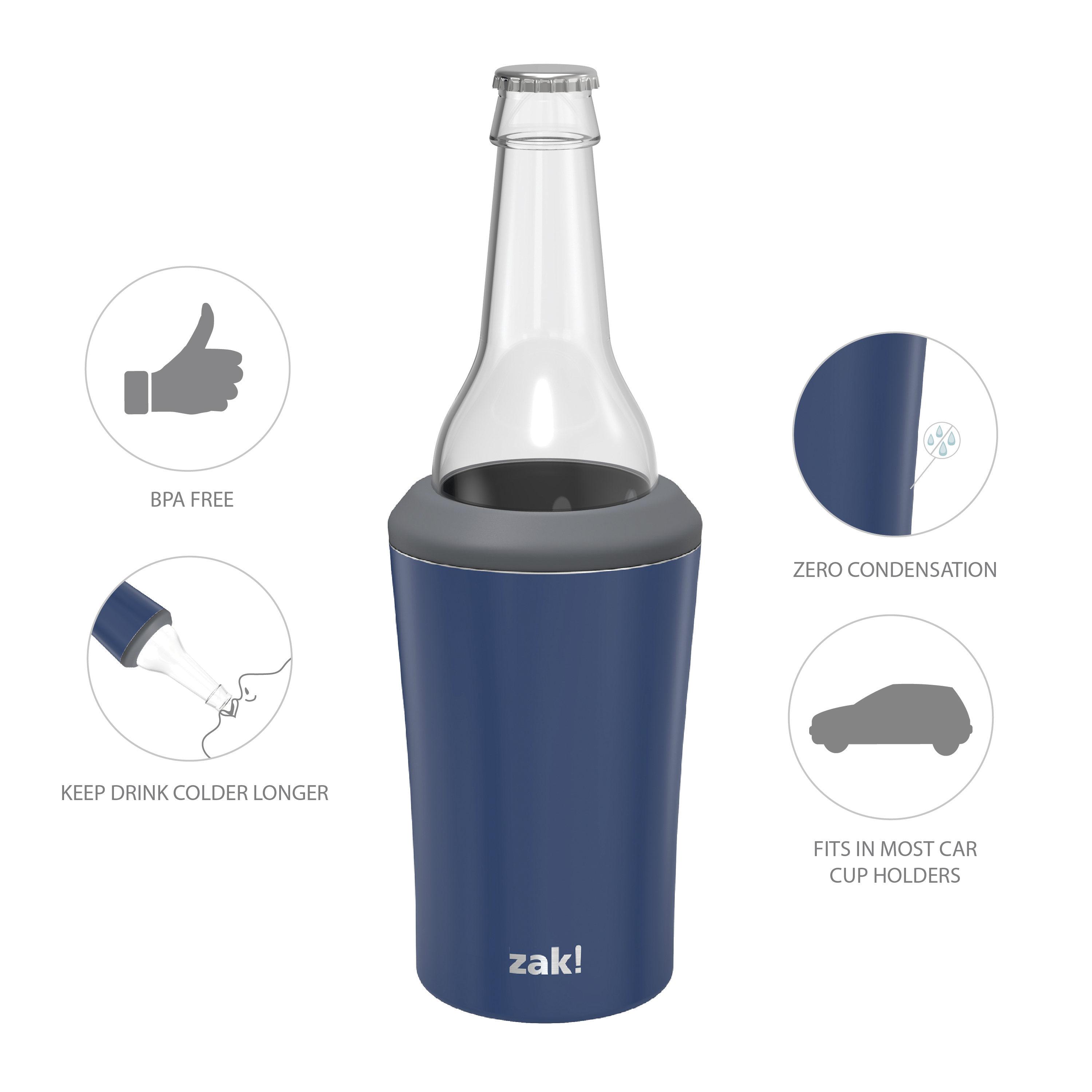 Zak Hydration 12 ounce Double Wall Stainless Steel Can and Bottle Cooler with Vacuum Insulation, Indigo slideshow image 8 Zak Hydration 12 ounce Double Wall Stainless Steel Can and Bottle Cooler with Vacuum Insulation, Indigo slideshow image 8
