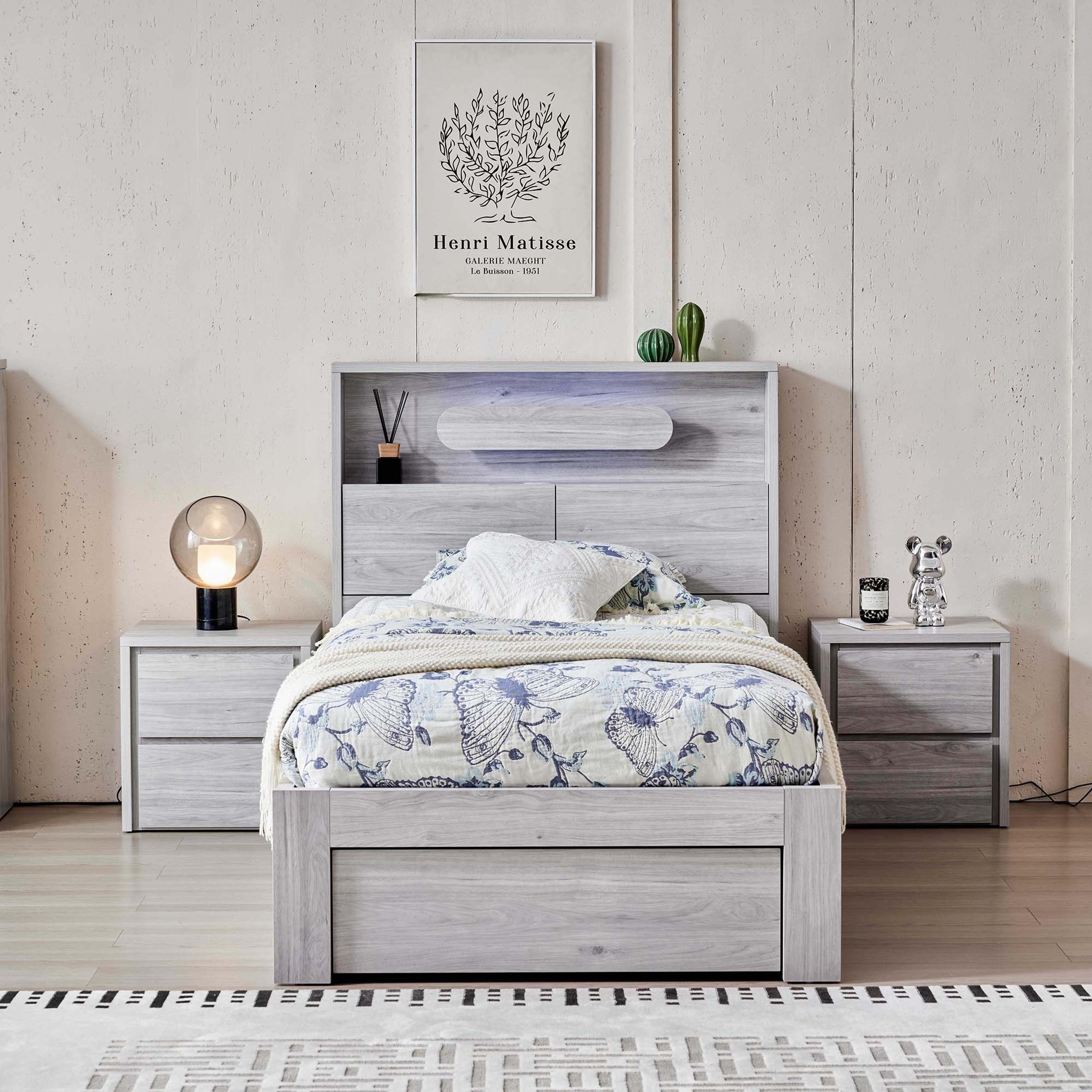 Lifestyle image of the  Nova Bed Frame, Front Slat Gas Lift Base, Stone Oak from Forty Winks