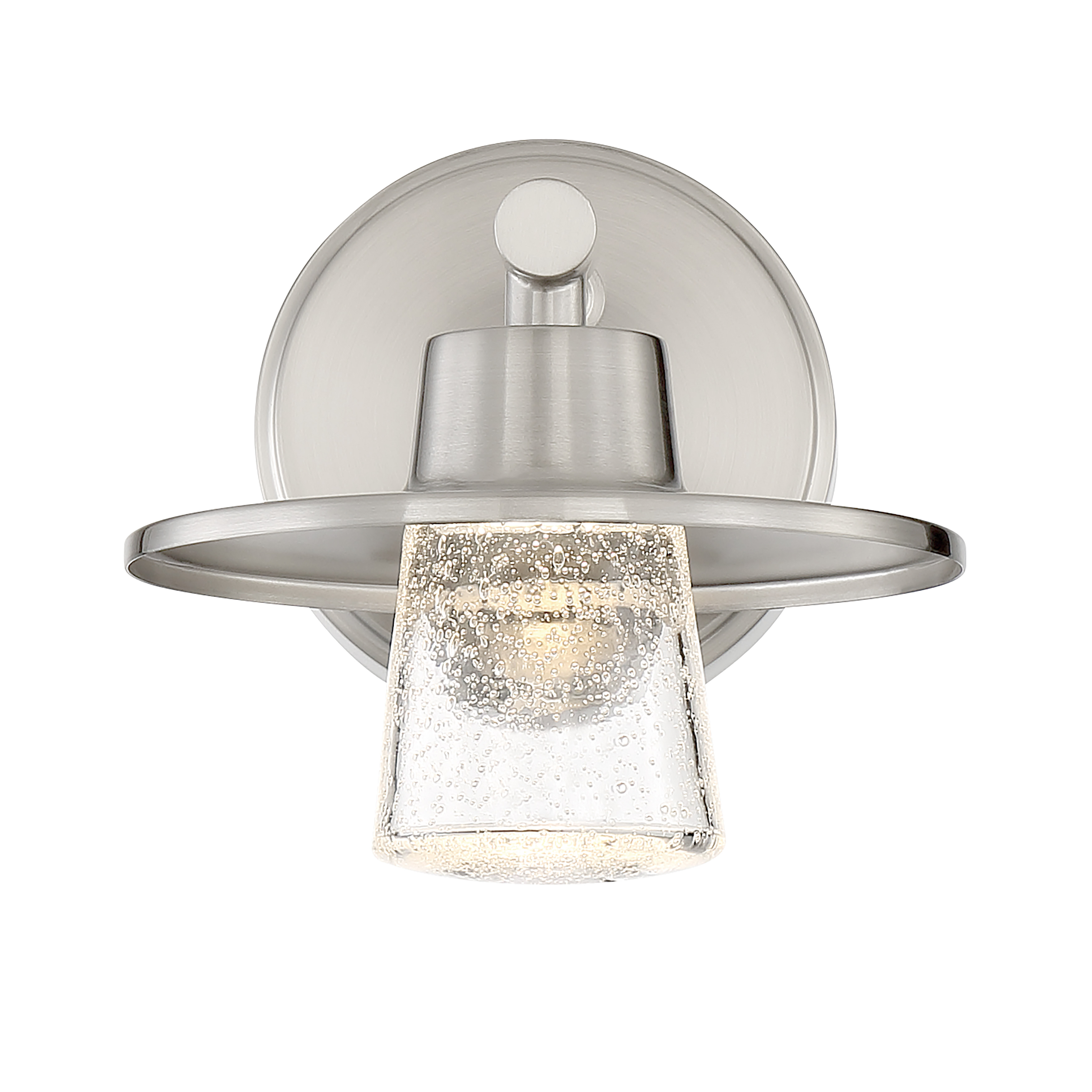 The Beacon Avenue bath sconce combines contemporary styling with practical LED efficiency. Its brushed nickel finish and seeded glass shade deliver 545 lumens with excellent color rendering, perfect for vanity lighting. - alternate view