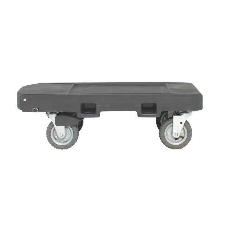 Flatbed utility dolly in dark gray with 6” pneumatic wheels and straps