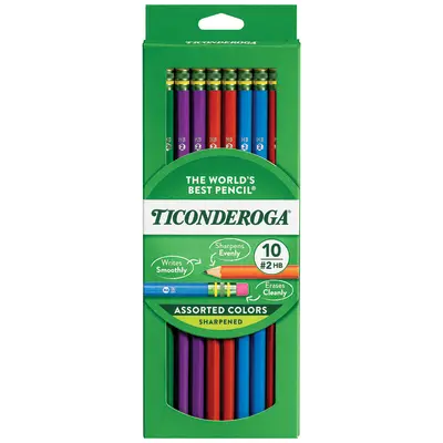 Ticonderoga Wood-Cased Pencils, Pre-Sharpened, #2 HB Soft, Assorted Colors, 10 Count