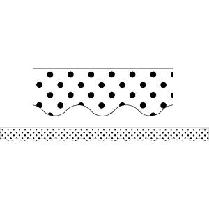 Black Polka Dots on White Scalloped Border Trim, 35 Feet