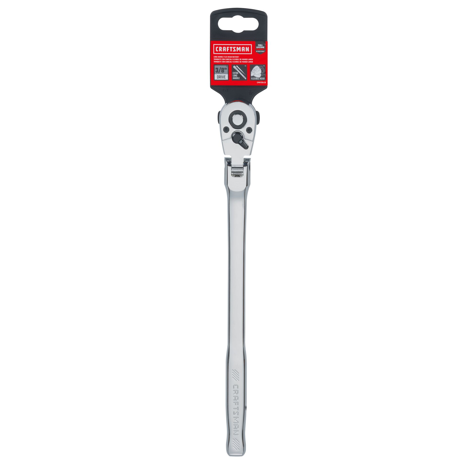 72 tooth 3 eighths inch drive quick release flexible head standard ratchet in plastic packaging.