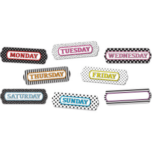 Magnetic Die-Cut Timesavers & Labels, Days of the Week, Black and White Assorted Patterns, 8 Pieces