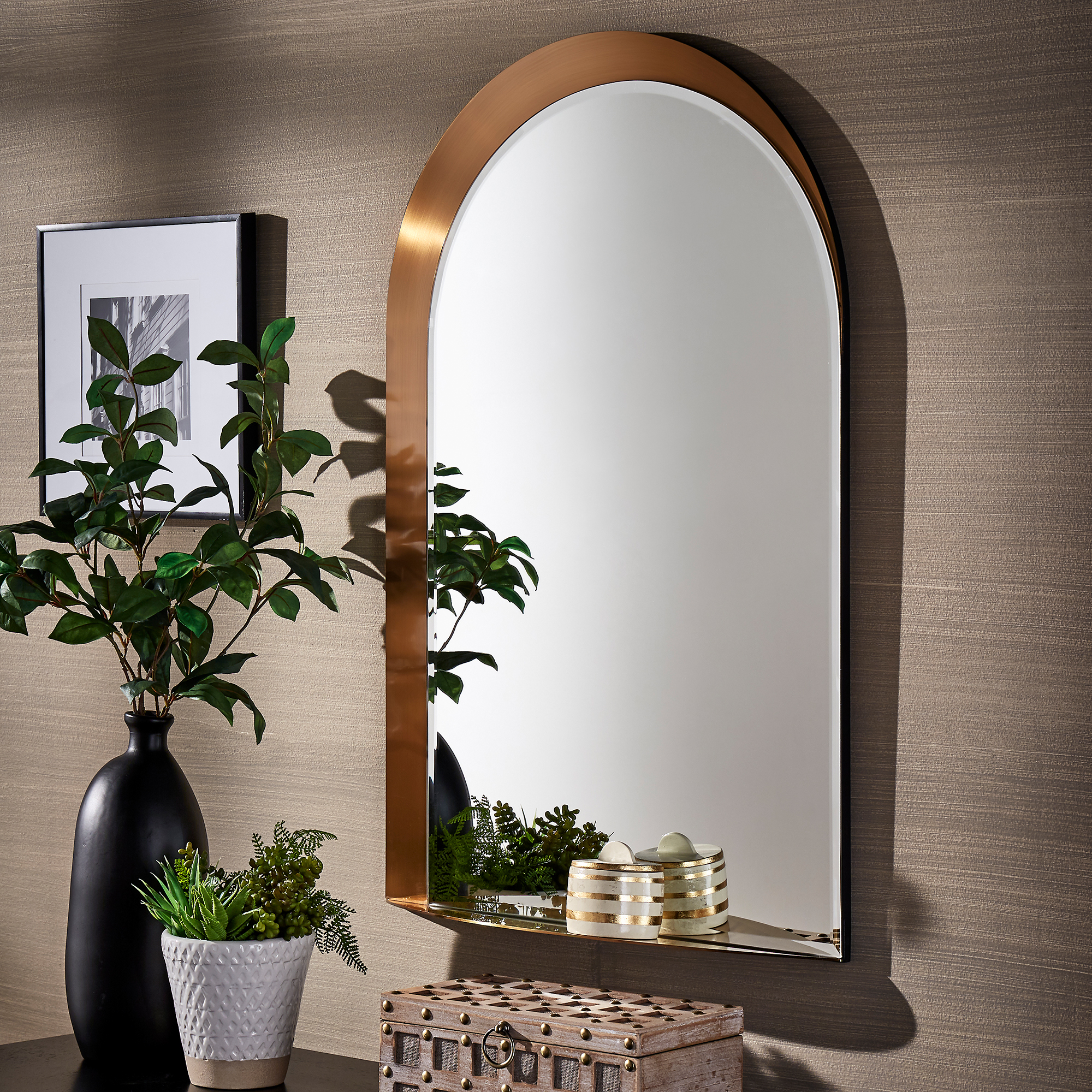Metal Arched Wall Mirror with Shelf