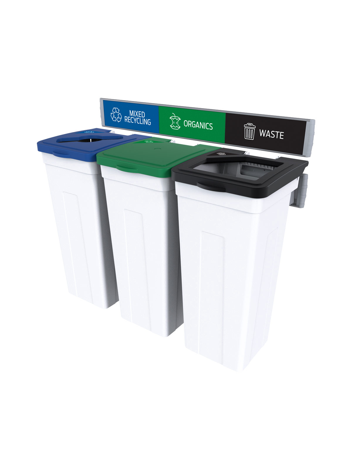 RISE – Triple – Kit – Mixed Recycling-Organics-Waste – Mixed-Solid Lift-Full – White-Blue-Green-Black