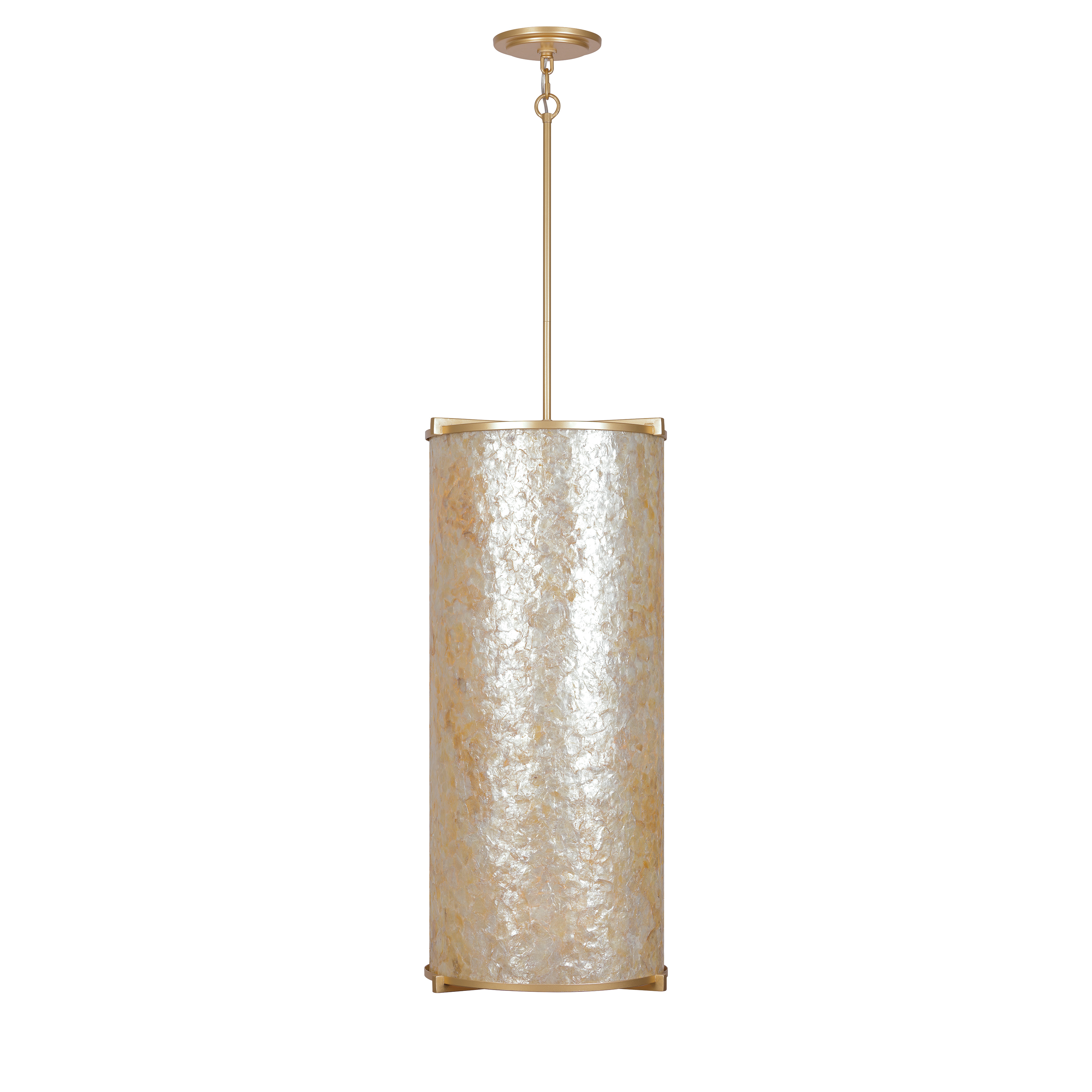 The Sommers Bend pendant brings natural beauty indoors with handcrafted capiz shell inlay and warm Fawn Gold finish. Six candelabra lights create ambient glow through translucent shells, perfect for coastal-inspired or organic modern interiors. - alternate view