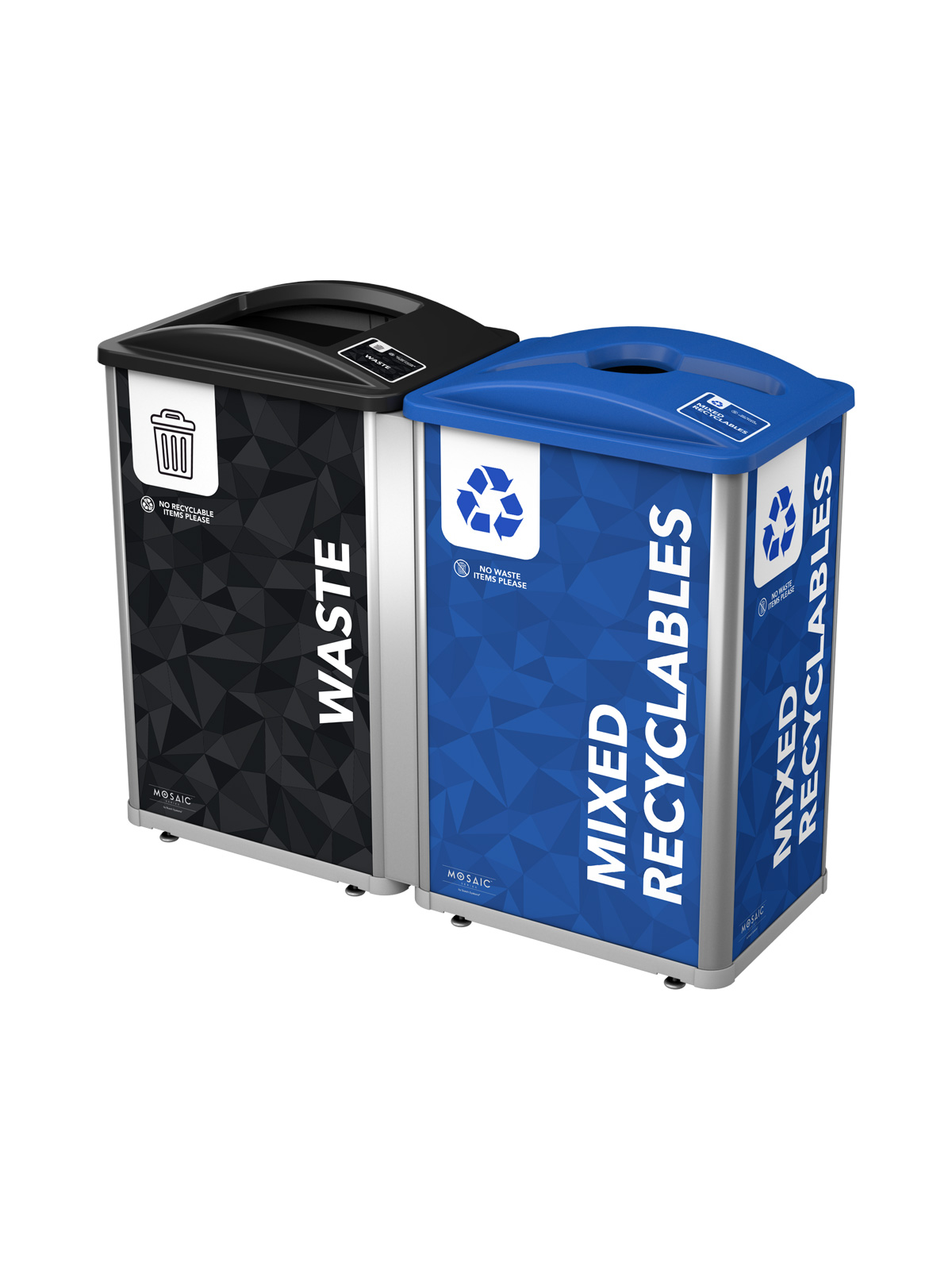 Mosaic Series double waste and recycling containers with full black lid and mixed blue lid with signs and labels