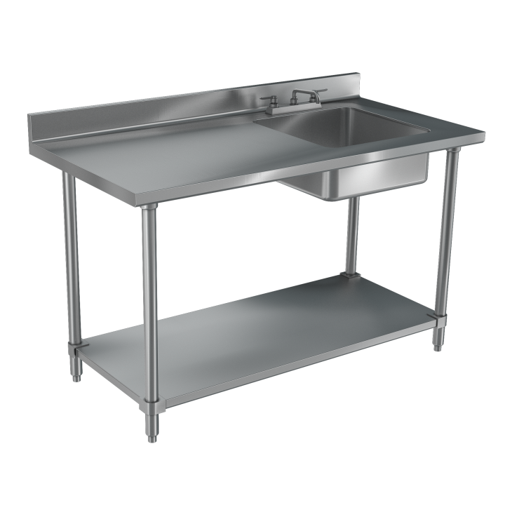 48- x 30-inch  4-Series Back of House Open Base 16-Gauge Stainless Steel Work Table with Bottom Shelf and Right-Aligned Sink