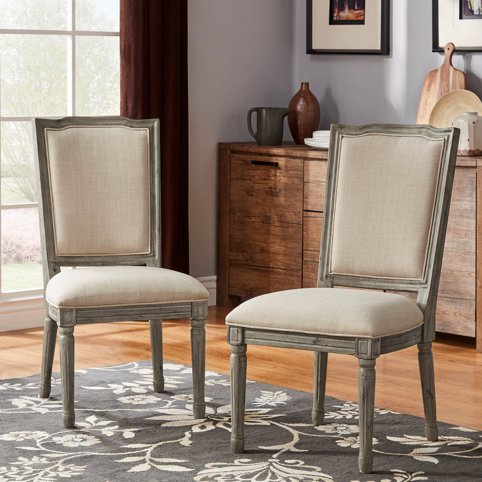 Ornate Linen and Wood Dining Chairs (Set of 2)