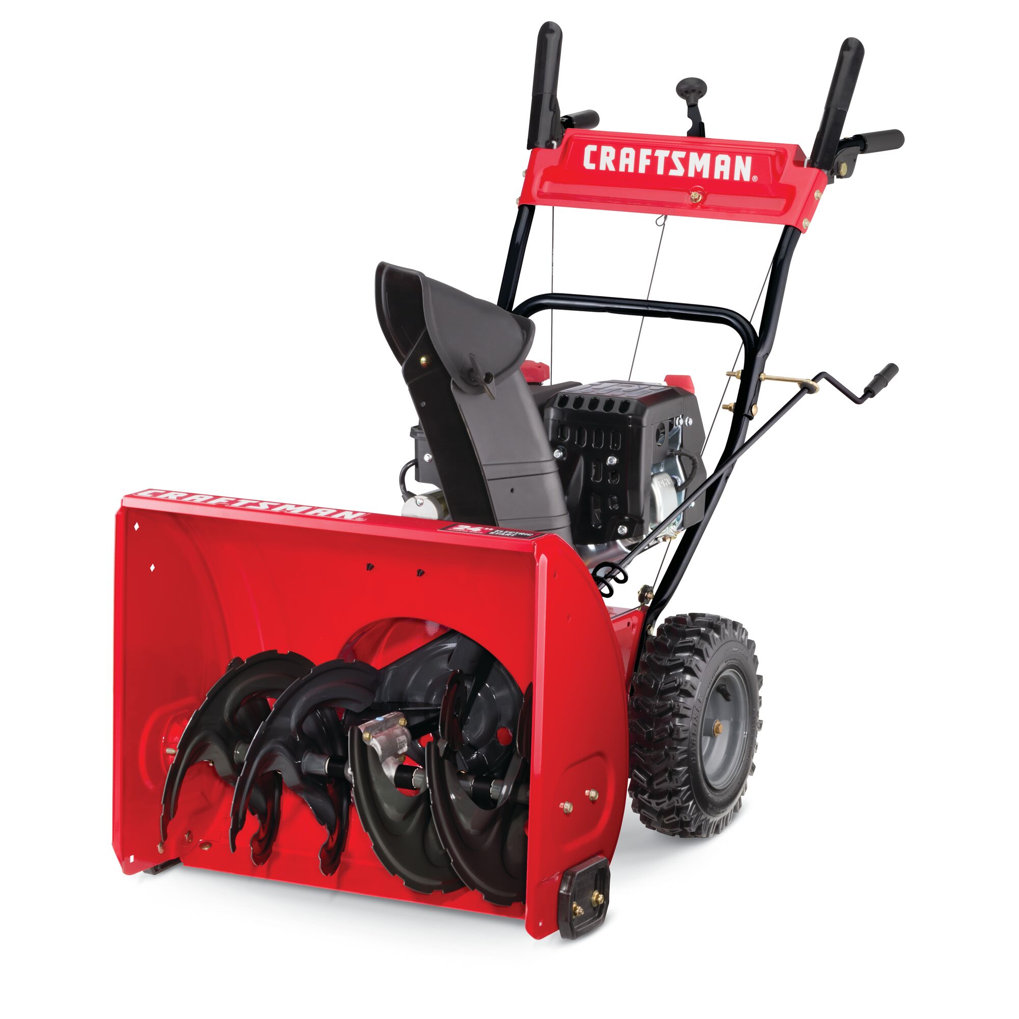 Profile of 24 inch 208 CC electric start two stage snow blower.