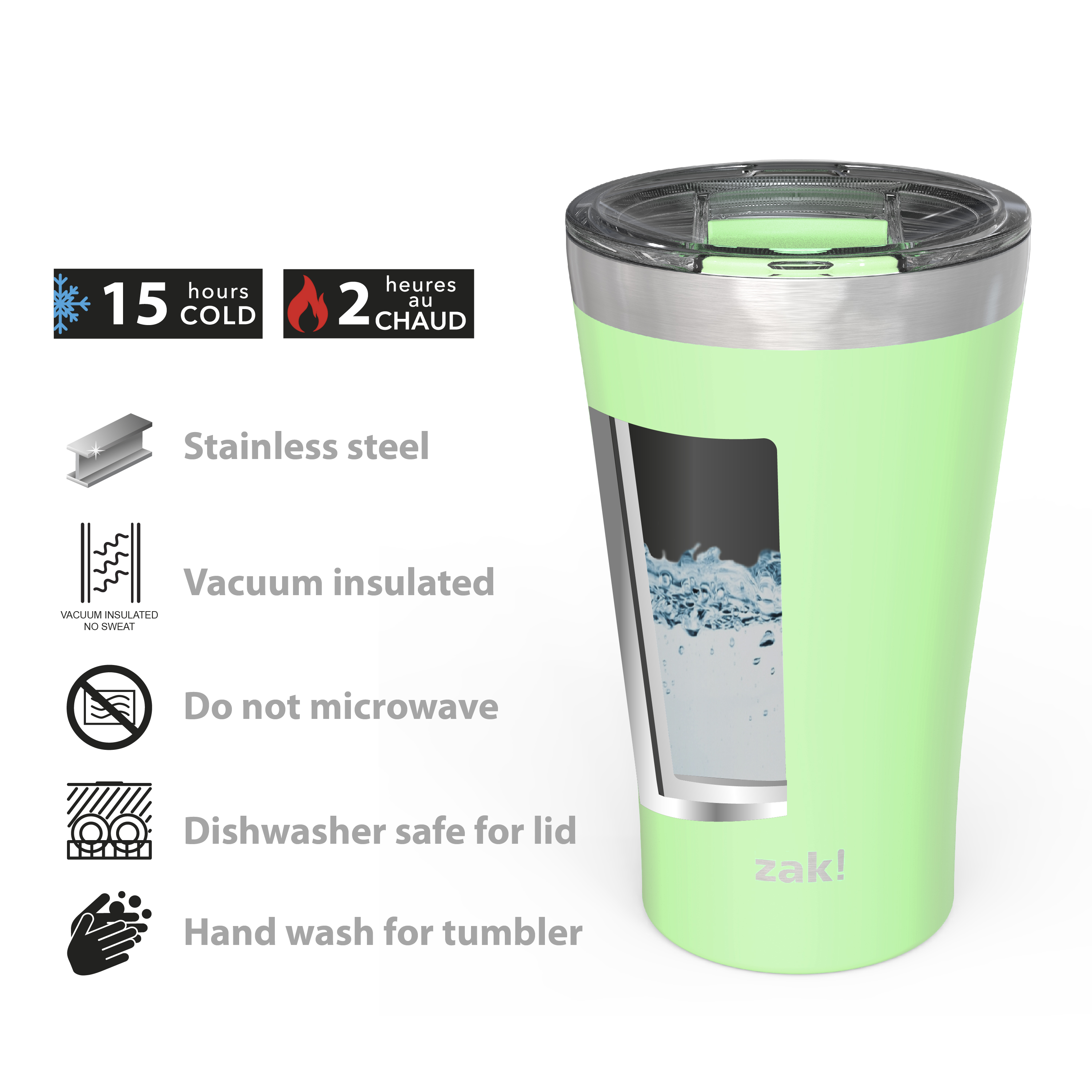 Zak Hydration 20 ounce Reusable Vacuum Insulated Stainless Steel Tumbler with Straw, Neo Mint slideshow image 7
